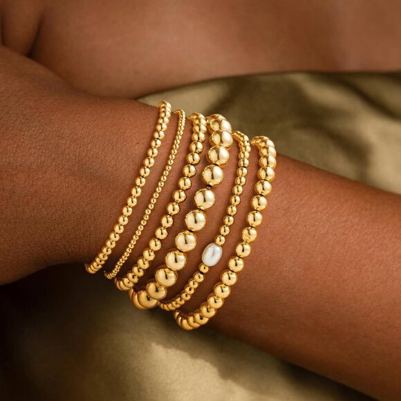 Gold Beaded Bracelet Set for Women Pearl Stack Adjustable Stretch Jewelry Gift - Picture 2 of 7